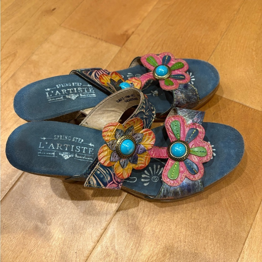 Spring Step L’Artiste floral slide sandals leather sz 40 9
